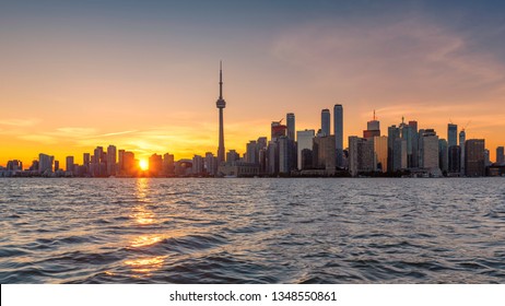 Panorama Of Toronto City At Sunset In Toronto, Ontario, Canada.