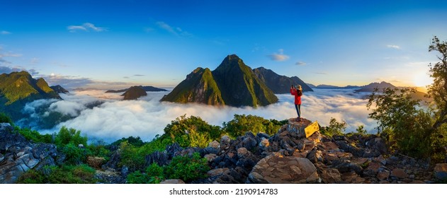 Panorama Of Tourist Take A Photo At Pha Dang Viewpoint In Laos.