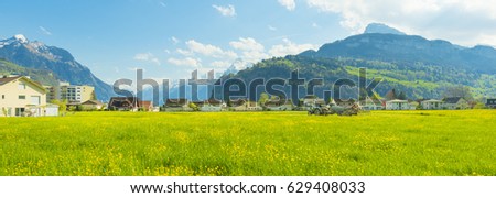 Panorama of the town Brunnen. Traditional Alpine meadows with luscious bright grass.  Tractor fertilizes the field. Travel to Europe. Imagine de stoc © 