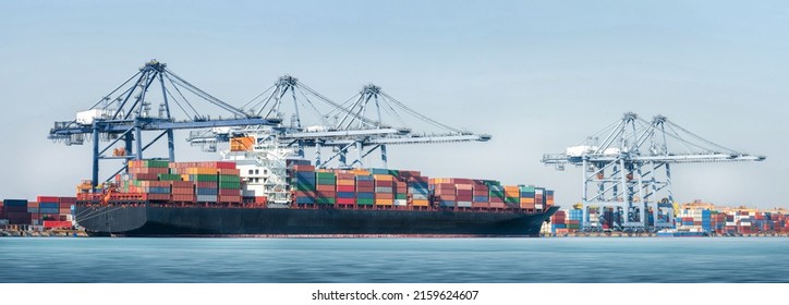 Panorama of Transport Container Cargo Freight Ship loading and unloading goods containers by harbor crane in shipping port, Logistic Import Export background