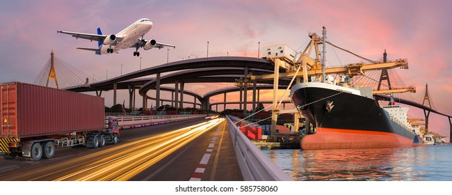 Panorama transport and logistic concept by truck boat plane for logistic Import export background