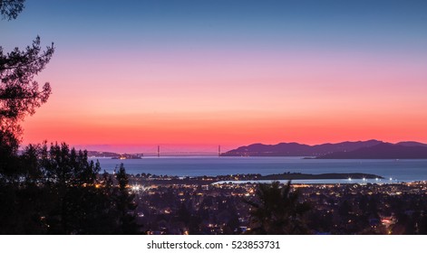 Panorama Twilight view of San Francisco Bay, Golden Gate Bridge, East Bay.