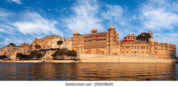 Panorama of the Udaipur City Palace Complex from lake Pichola in Rajasthan, India - Powered by Shutterstock