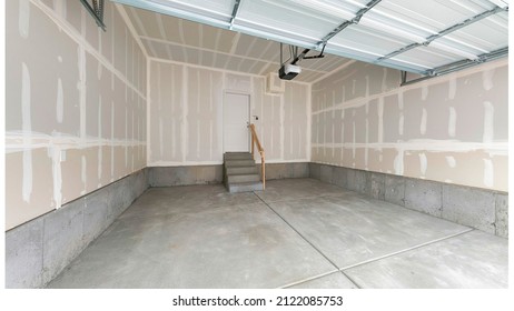 Panorama Unfinished Garage Interior With White Markings On The Wall