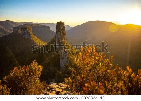 panorama of unique mountains in main range national park at sunset, view from the top of stern mountain, steamers trailhead, famous hiking trail near brisbane in queensland, australia
