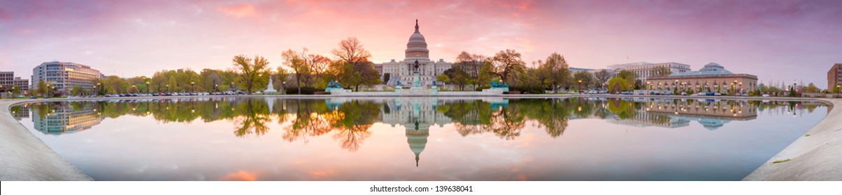 Panorama of The United States Capitol building in Washington DC, sunrise