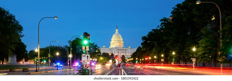 Panorama Of The United States Capitol Building In Washington DC With Street And Traffic Light, Long Exposure, Night Cityscape 