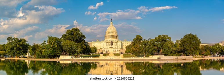 Panorama of  The United States Capitol building and Capitol Reflecting Pool at sunset  in Washington DC, USA - Shutterstock ID 2226838211