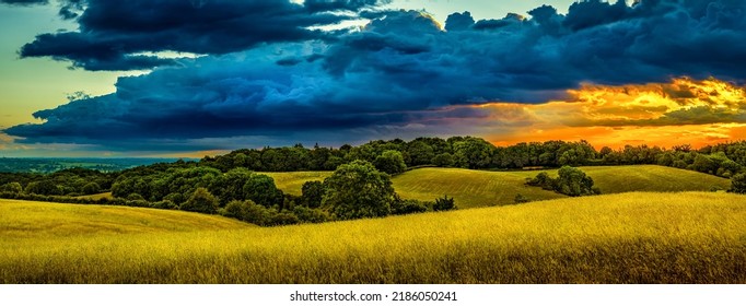 Panorama of the valley of the hills. Hill valley panorama. Hill valley panoramic landscape. Cloudy sky over hill valley