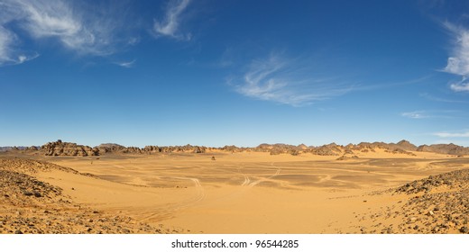 Panorama of a vast valley in the Akakus Mountains, Sahara Desert, Libya