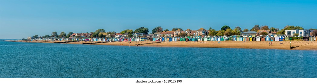 A panorama view across the beach at West Mersea, UK in the summertime