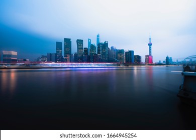 Panorama View Of Aerial Shanghai City Scape At Night Time.