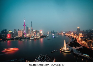 Panorama View Of Aerial Shanghai City Scape Lights At Night Time. 