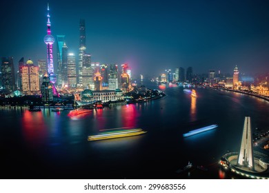 Panorama View Of Aerial Shanghai City Scape At Night Time.