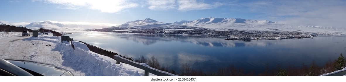 A Panorama View Of Akureyri Sea In Winter In Iceland