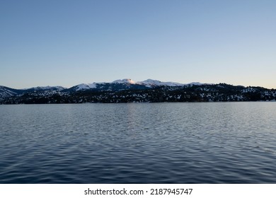 Panorama View Of The Andes Mountains And Aluminé Lake, At Sunrise, In Villa Pehuenia, Patagonia Argentina. 