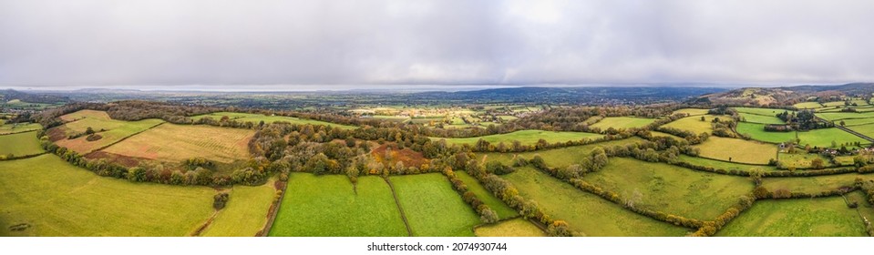 Panorama View Of Autumn Colors Over Bristol Airport Fields From A Drone, Somerset, England, Europe