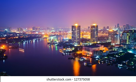 Panorama view of Bangkok city scape at nighttime