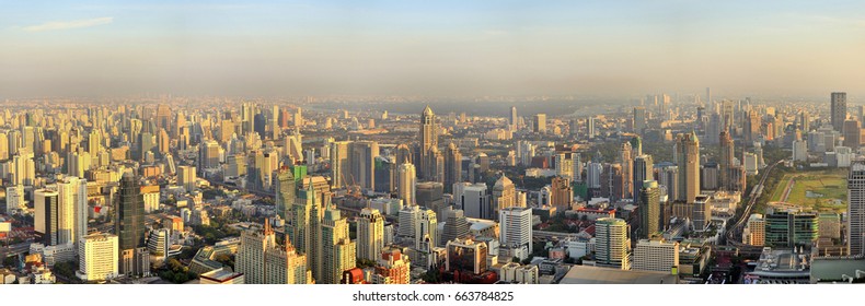 Panorama view of Bangkok cityscape in the evening time, Thailand 