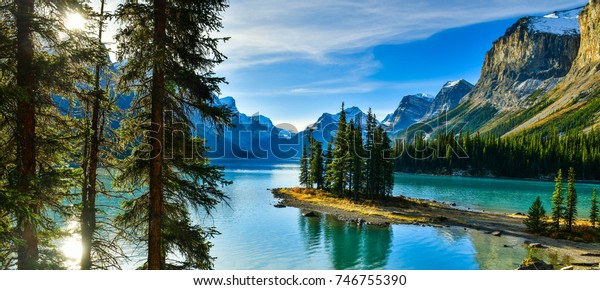 Panorama View Beautiful Spirit Island Maligne Stock Photo Edit Now