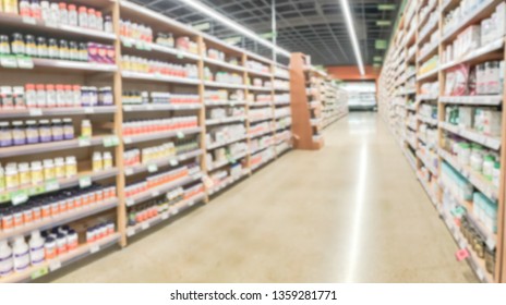 Panorama View Blurred Motion Vitamin And Supplement Department At Grocery Store In America