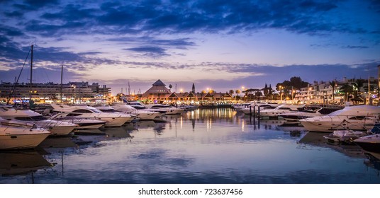 Panorama View of boats in Vilamoura Marina during sunset