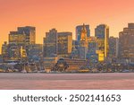 Panorama view of Boston skyline with skyscrapers over water at twilight in United States