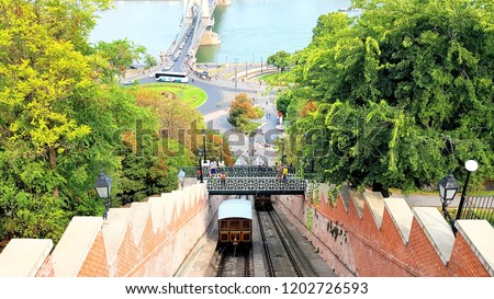 panorama view budapest funicular hill to buda castle view from top on danube river and lanchid bridge