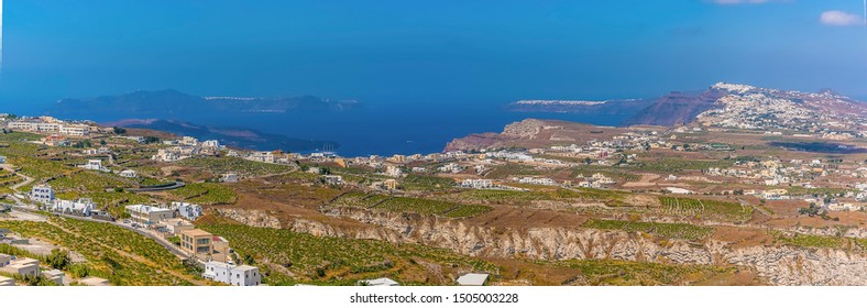 A Panorama View From The Castle In Pyrgos, Santorini In Summertime