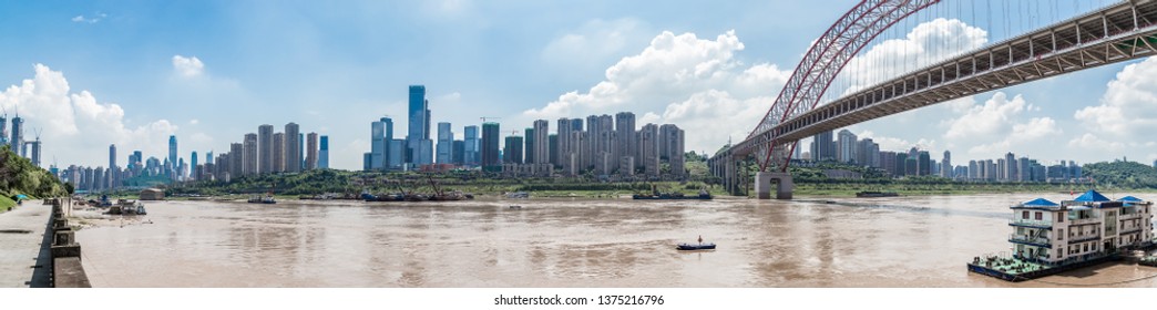 Panorama View Of Chongqing Jiangbei CBD. And Chaotianmen Bridge