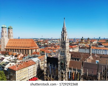 Panorama view of city with Marienplatz town hall and Church of Our Lady Frauenkirche of Munich, Germany