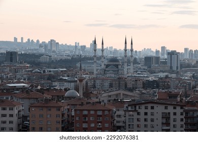  Panorama view of the downtown area of the city of Ankara, Turkey with buildings and mosques seen from Ankara Castle (Ankara Kalesi) on a sunset day.