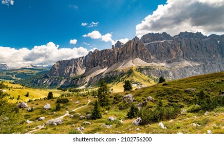 Panorama view of Gardena Pass, Piz Boe, Tor Bornech and Sass dla Luesa, Trentino Alto Adige, Italy. Alpine meadows and Passo Gardena.