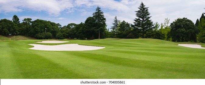 Panorama View of Golf Course with fairway field in Chiba Prefecture, Japan. Golf course with a rich green turf beautiful scenery.