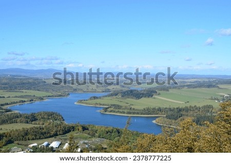 panorama view of SLezská Harta reservoir, background of Jeseniky mountains