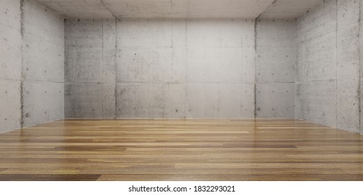 Panorama view of indoor industry style concrete wall and wooden parquet floor