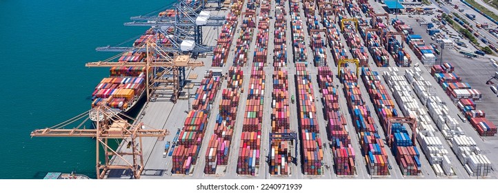 Panorama view of international containers cargo ship at industrial import-export port transport goods around world, global transportation and logistic business.Oversea international Business. - Shutterstock ID 2240971939