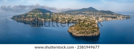 Panorama view of Ischia island and Castello Aragonese, Italy.