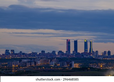 Panorama View Of Madrid Skyline At Sunset.