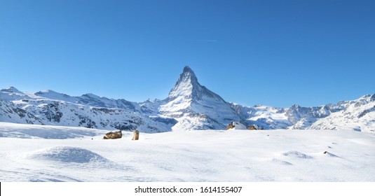 Panorama View Of The Matterhorn In Zermatt, Switzerland. Swiss Alps Winter.