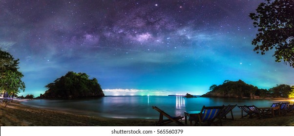 Panorama View Of The Milky Way In Night Sky Over Beach, Thailand