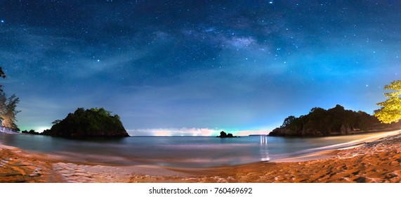 Panorama View Of The Milky Way In Night Sky Over Beach, Thailand