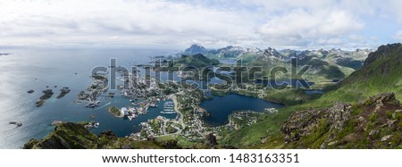 Panorama view from the Mountain Fløya to the city Svolvaer and the surrounding mountains on the Lofoten islands in northern Norway. 