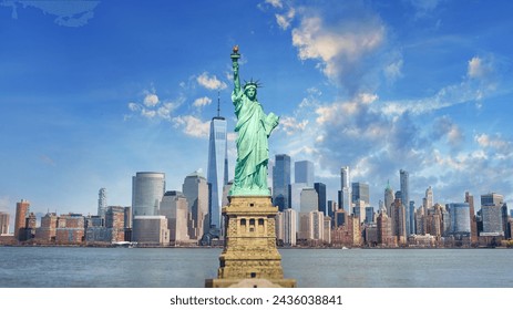 Panorama view of New York city eith statue of liberty tomorrow morning at sunrise. View from Staten Island. Big art Panorama. - Powered by Shutterstock