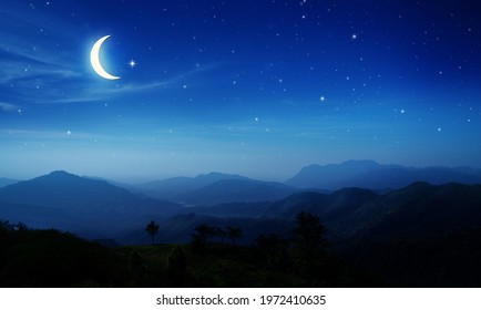 Panorama View Of Night Sky And Moon, Stars,Ramadan Kareem Celebration.Serenity Mountain Background, Outdoor.