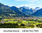 Panorama view on Obersdorf in Allgau.  Nebelhorn mouintain, Bavaria, Bayern, Germany. Big (Großer) Klottenkopf, alps Mountains in Tyrol, Austria