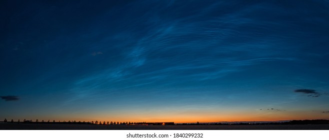 Panorama view on sunset sky with phenomen clouds noctilucent near Prague