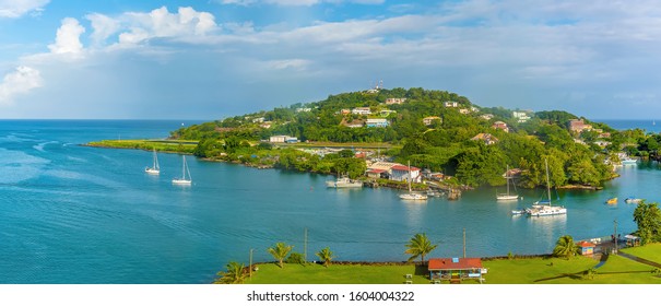 A panorama view over Castries, St Lucia towards the airport in the morning