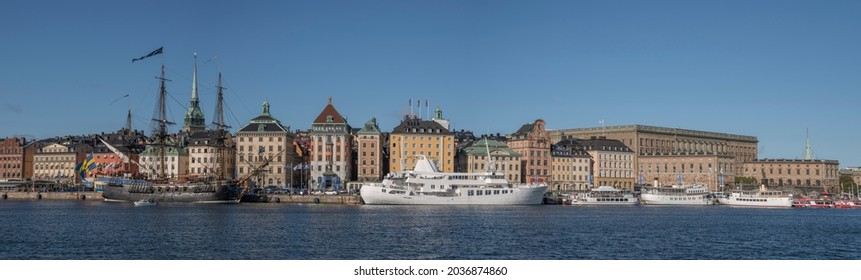 Panorama View Over The Inner Harbor Of Stockholm With The Old Sailing Replica Of The Swedish East Indiaman Götheborg. Stockholm, Sweden 2021-09-03