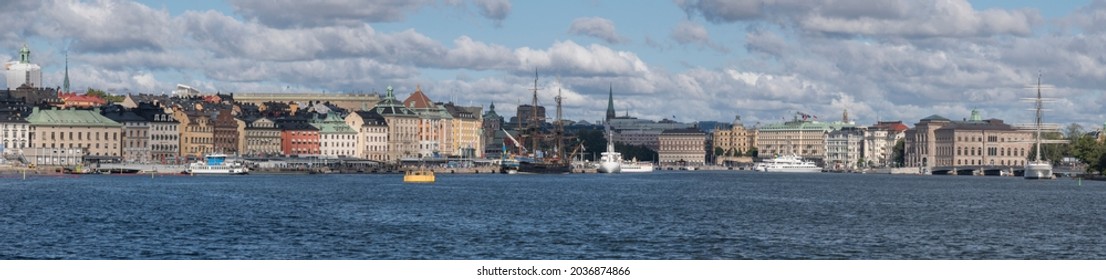 Panorama View Over The Inner Harbor Of Stockholm With The Old Sailing Replica Of The Swedish East Indiaman Götheborg. Stockholm, Sweden 2021-09-03